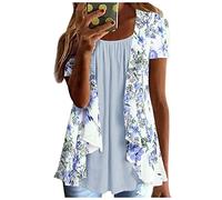 Womens Elegant Blouses Summer Mock 2 Piece Ladies Tops Floral Printed Pleated Round Neck Short Sleeve T Shirts Loose Fit Shirts Tops for Casual Vacation Holiday