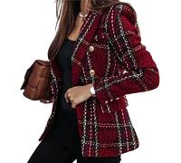 Women's Elegant Business Casual Plaid Tweed Blazer Spring and Autumn Fashion Classic Lapel Double Breasted Formal Office Blazer (Red,XXL)