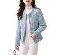 Women's Elegant Cardigan Tweed Jacket Work Casual Office Cardigan Short Tops Slim Collarless Buttoned Casual Business Suit Jacket (Blue,S)