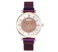 Women's Elegant Casual Diamond Roman Numerals Dial Analog Quartz Watch Ultra-thin Magnetic Clasp Stainless Steel Mesh Band, purple
