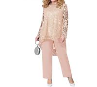 Women's Elegant Casual Lace Top and High-Waisted Straight Pants 2-Piece Set Fashion Mother of The Bride Wedding Guests Solid Color Suit (Light Pink,4XL)