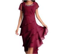 Women's Elegant Chiffon Midi Dresses Short Sleeve A Line Mesh Party Dresses Regular Fit Club Wedding Guest Outfits for Ladies UK Clearance Wine
