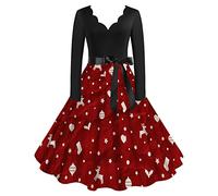Women's Elegant Christmas Dress, Long Sleeve Christmas Dress, with V-Neck, Christmas Dress, Christmas Motif, Rockabilly Vintage A-line Midi Party Dress, Christmas Outfit