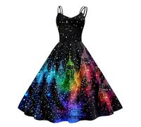 Women's Elegant Christmas Dress with Spaghetti Straps Christmas Dresses Funny Christmas Motif Party Dress Hepburn A-line Midi Christmas Costumes Cocktail Dress for Women