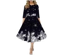 Women's Elegant Christmas Dress, Women's Long Sleeve, Round Neck Christmas Dresses with Snowflake Pattern, Party Dress, Hepburn Swing Midi Christmas Dresses, Cocktail Dress, Festival Outfits, black, S