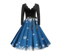 Women's Elegant Christmas Dress, Women's Long Sleeve V-Neck Christmas Dresses with Belt, Christmas Motif, Party Dress, A-line Merry Christmas Dresses, Cocktail Dress, blue, L
