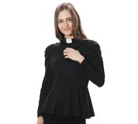 Women's Elegant Clergy Shirt Long Sleeve Ruffle Hem Ministers Clerical Blouse Casual Tops with Free Slip-in Tab Collar Black