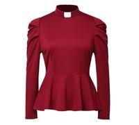 Women's Elegant Clergy Shirt Long Sleeve Ruffle Hem Ministers Clerical Blouse Casual Tops with Free Slip-in Tab Collar Wine Red