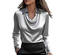 Women's Elegant Cowl Neck Satin Blouse Long Sleeve Work Shirt Top V Neck Casual T Shirts Women (Grey, XXL)
