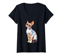 Women's Elegant Devon Rex Cat Blue Eyes Feline Art V-Neck T-Shirt