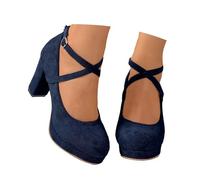 Women's Elegant Dirndl Shoes Traditional Shoes with Block Heel Cross Strap Dance Shoes Closed Round Toe Comfortable Wedding Shoes for Weddings Oktoberfest and Party, navy, 7 UK