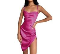 Women's Elegant Dress Spaghetti Strap Dresses Side Pleated Slim Fit Dress Solid Colour Soft Imitation Satin Sexy Dress Lightweight Plain Party Dresses for Women UK Prom Dress Summer Dresses Hot Pink