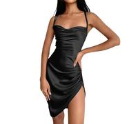 Women's Elegant Dress Spaghetti Strap Dresses Side Pleated Slim Fit Dress Solid Colour Soft Imitation Satin Sexy Dress Lightweight Plain Party Dresses for Women UK Prom Dress Summer Dresses Black