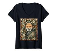 Women's Elegant Fox in Evening Attire Vintage Woodland V-Neck T-Shirt