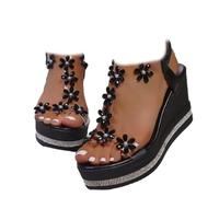Women's Elegant Glitter Rhinestone Flower Platform Sandals Sparkly High Heel Dress Shoes for Wedding Guest Flower Rhinestone Elastic Ankle Strap (Black,6)