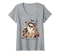Women's Elegant Halloween Ghost Floral Bow Coffee Spooky Style V-Neck T-Shirt