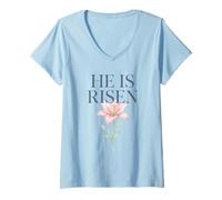 Women's Elegant He is Risen Lily Easter Christian Jesus V-Neck T-Shirt