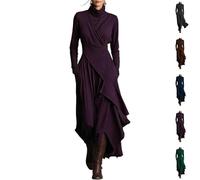 Women's Elegant High-Neck Asymmetrical Maxi Dress, Long Sleeve Stretch Knit Ruffle Asymmetrical Dress (Purple,L)