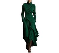 Women's Elegant High-Neck Asymmetrical Maxi Dress,Solid Color High Neck Fitted Irregular Cross Hem Dress (Green,3XL)