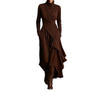 Women's Elegant High-Neck Asymmetrical Maxi Dress,Solid Color High Neck Fitted Irregular Cross Hem Dress (Brown,XXL)