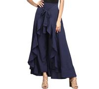 Womens Elegant High Waisted Straight Leg Pants Summer Ruffle Hem Maxi Skirt Solid Color A-line Flowy Long Skirts with Belt Navy Blue