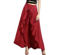 Womens Elegant High Waisted Straight Leg Pants Summer Ruffle Hem Maxi Skirt Solid Color A-line Flowy Long Skirts with Belt Red