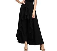 Womens Elegant High Waisted Straight Leg Pants Summer Ruffle Hem Maxi Skirt Solid Color A-line Flowy Long Skirts with Belt Black