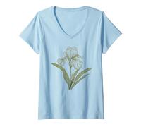 Women's Elegant Iris Flower Botanical Line Art Drawing V-Neck T-Shirt
