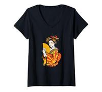 Womens Elegant Japanese Geisha Kimono Traditional Asian Art Tattoo V-Neck T-Shirt