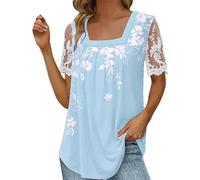 Womens Elegant Lace Floral Blouse Top Oversized Office Shirts Women Summer Short Sleeve Square Neck Pleated Comfort Tunic Tops T-shirt Blue UK Size XL