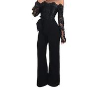 Women's Elegant Lace Trouser Suit Festive Elegant Wedding Jumpsuit Long Sleeve Playsuit Summer One-Piece Strapless Leisure Suit with Wide Leg Trousers for Business Playsuits Overalls, black, S