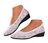 Women's Elegant Lace Wedge Heel Shoes with Closed Width H Barefoot Shoes Round Toe Low Shoes Mesh Breathable Traditional Shoes Non-Slip Casual Shoes for Versatile Occasions, White, 4 UK