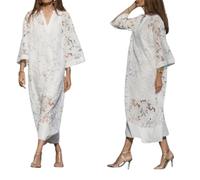 Womens Elegant Lace White Vneck Maxi Two-Piece Dress Casual Loose Boho Hollow Out Crochet Cover Up with Satin Slip Dress (White,3XL)