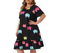 Women's Elegant Large Sizes, Negligee, Long Pyjamas, Oversize Sleepwear, Short Sleeve Leisure Suit, Medium Length Pyjamas, Lightweight Pyjamas, Casual Night Dress, Scoop Neck Sleepwear, black, XXXXXL