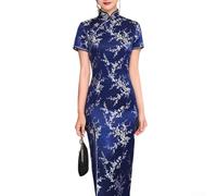 Women's Elegant Long Chinese Cheongsam, Traditional Qipao With Plum Blossom Print, Spring Summer Casual Party Dress(S Blue)