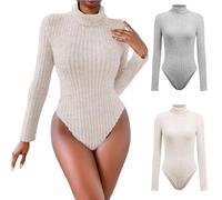 Women's Elegant Long Sleeve Thickened Sexy Knitted Ribbed Bodysuit Turtleneck Jumpsuit Fashionable Tight Women's Bodysuit One-Piece Jumpsuit Thermal Bodycon Bodies Long Sleeve Shirt Soft Comfortable
