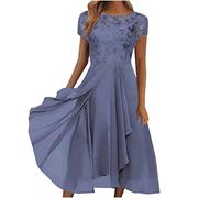 Women's Elegant Maxi Dress 2023 Lace Chiffon Long Dresses Summer Short Sleeve Tunic A Line Dresses Mesh Waist Party Dress Regular Fit Club Dresses Wedding Guest Outfits for Ladies Clearance