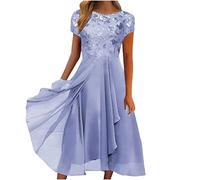 Women's Elegant Maxi Dress 2023 Lace Chiffon Long Dresses Summer Short Sleeve Tunic A Line Dresses Mesh Waist Party Dress Regular Fit Club Dresses Wedding Guest Outfits for Ladies Clearance