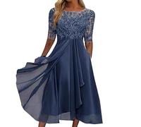 Women's Elegant Maxi Dress Lace Chiffon Long Dresses Summer Short Sleeve Tunic Line Dresses Mesh Floral Party Regular Fit Club Wedding Guest Outfits for Ladies