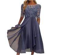 Women's Elegant Maxi Dress Lace Chiffon Long Dresses Summer Short Sleeve Tunic Line Dresses Mesh Floral Party Regular Fit Club Wedding Guest Outfits for Ladies