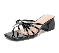 Women's Elegant Mule Sandals Square Open Toe Block Heel Strappy Bow Knot Slip-On Comfortable Dress Casual Shoes,Black,6 UK