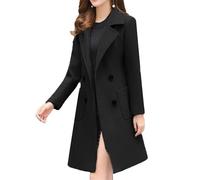 Women's Elegant Notched Lapel Double Breasted Wool Blend Trench Coat Mid-Long Overcoat Fall Winter Coats, Black-2, L