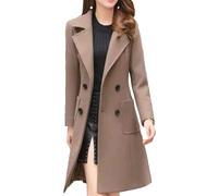 Women's Elegant Notched Lapel Double Breasted Wool Blend Trench Coat Mid-Long Overcoat Fall Winter Coats, Khaki-2, XXL