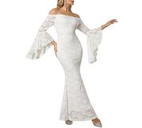 Women's Elegant Off Shoulder Floral Embroidered Lace Maxi Dress Bell Sleeve Slim Fit Mermaid Floral Cutout Long Gown Wedding Party White Long Dress