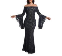 Women's Elegant Off Shoulder Floral Embroidered Lace Maxi Dress Bell Sleeve Slim Fit Mermaid Floral Cutout Long Gown Wedding Party Black Long Dress