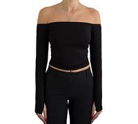 Women's Elegant Off Shoulder Long Sleeve Slim Fit Stretch Blouse Top Tee Backless Ribbed Knit Wrap Tee Crop Top (Black2, S)