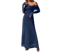 Women's Elegant Off-Shoulder Mesh Evening Gown with Sequin Embellishments, Long Sleeves & Flared Hem - Maxi Party Dress for Wedding Guest, Christmas Party, Prom, Formal Occasions and (Blue, S)