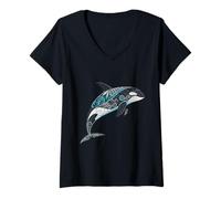 Womens Elegant Orca Whale Art in Oceanic Filigree Style V-Neck T-Shirt