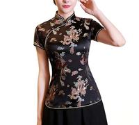 Women's Elegant Oriental Style Blouse Short Sleeve Stand Collar Satin Feel Top Traditional Chinese Inspired Party & Occasion Wear Black XL