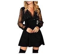 Women's Elegant Party Dress for Wedding - Short Mesh Lace V-Neck Long Sleeve Slim Fit Swing Prom Black Glitter Evening A-line 2023 Retro New Year's Eve